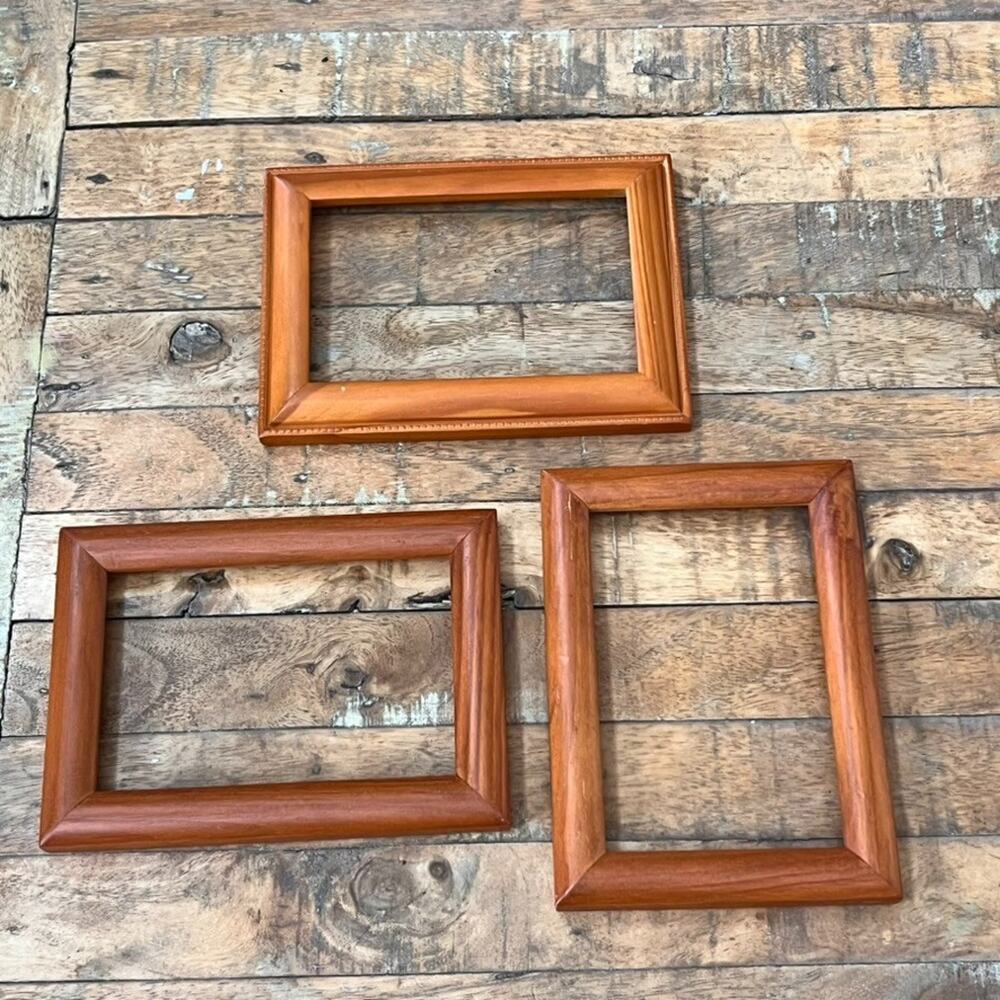 Set Of Three Solid Wood Picture Frames No Glass Light Brown Tone